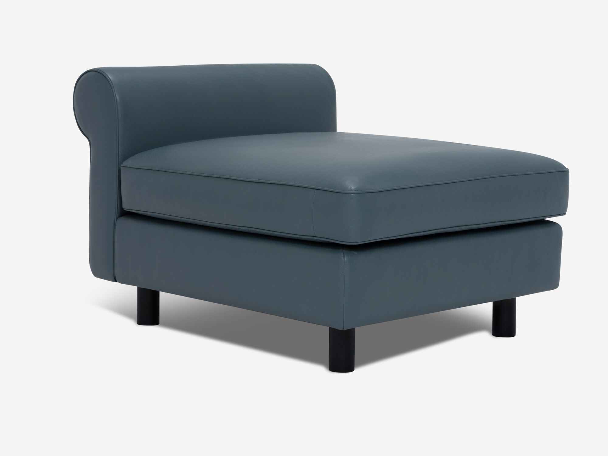 Front corner detail view of blue leather accent chair